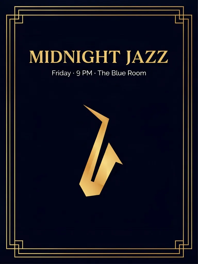 Jazz night poster made with Ideogram 4: a minimal gold saxophone on navy with the headline MIDNIGHT JAZZ