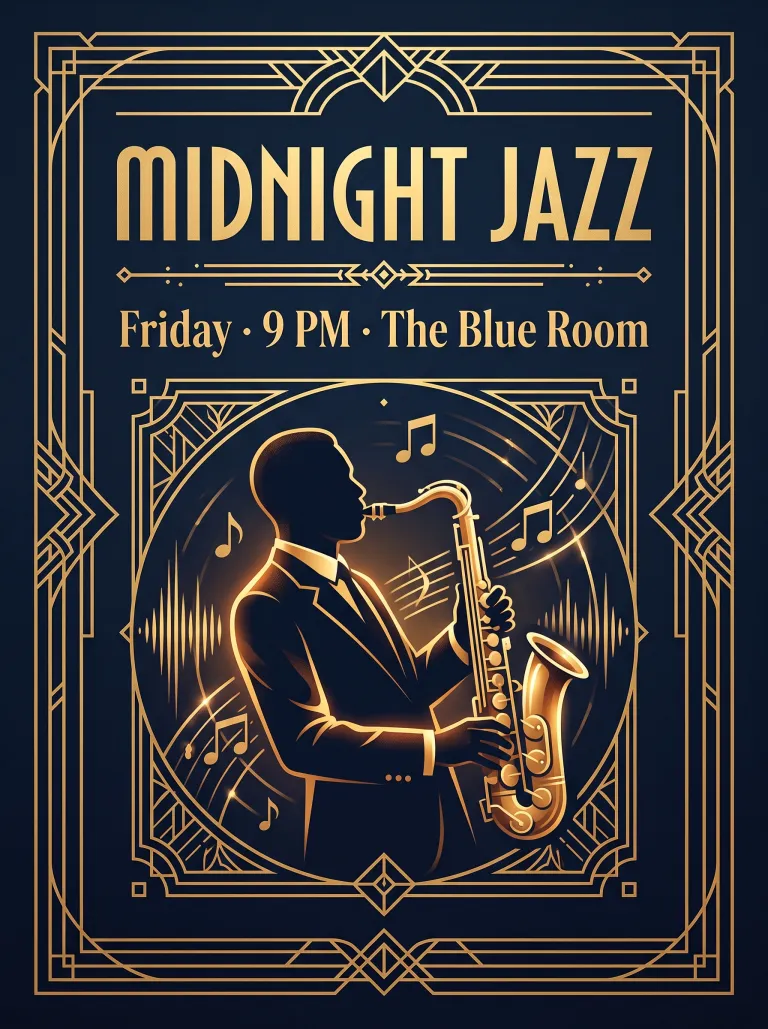 Jazz night poster made with Nano Banana 2: a detailed Art Deco illustration of a saxophonist with the headline MIDNIGHT JAZZ