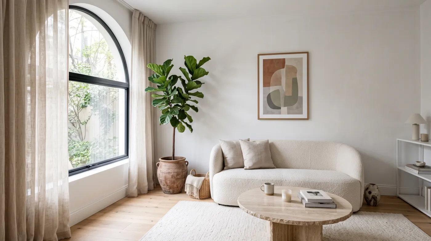 Nano Banana interior design render of a bright Scandinavian living room with an arched window