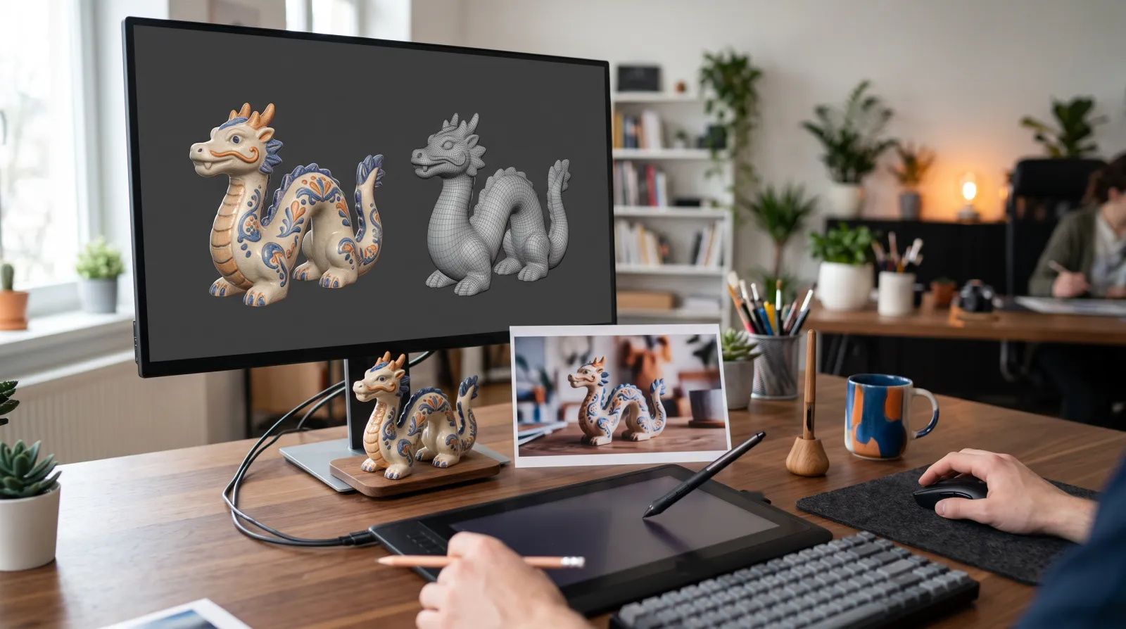 A monitor showing a textured 3D dragon figurine and its wireframe mesh, with a 3D-printed copy on the desk