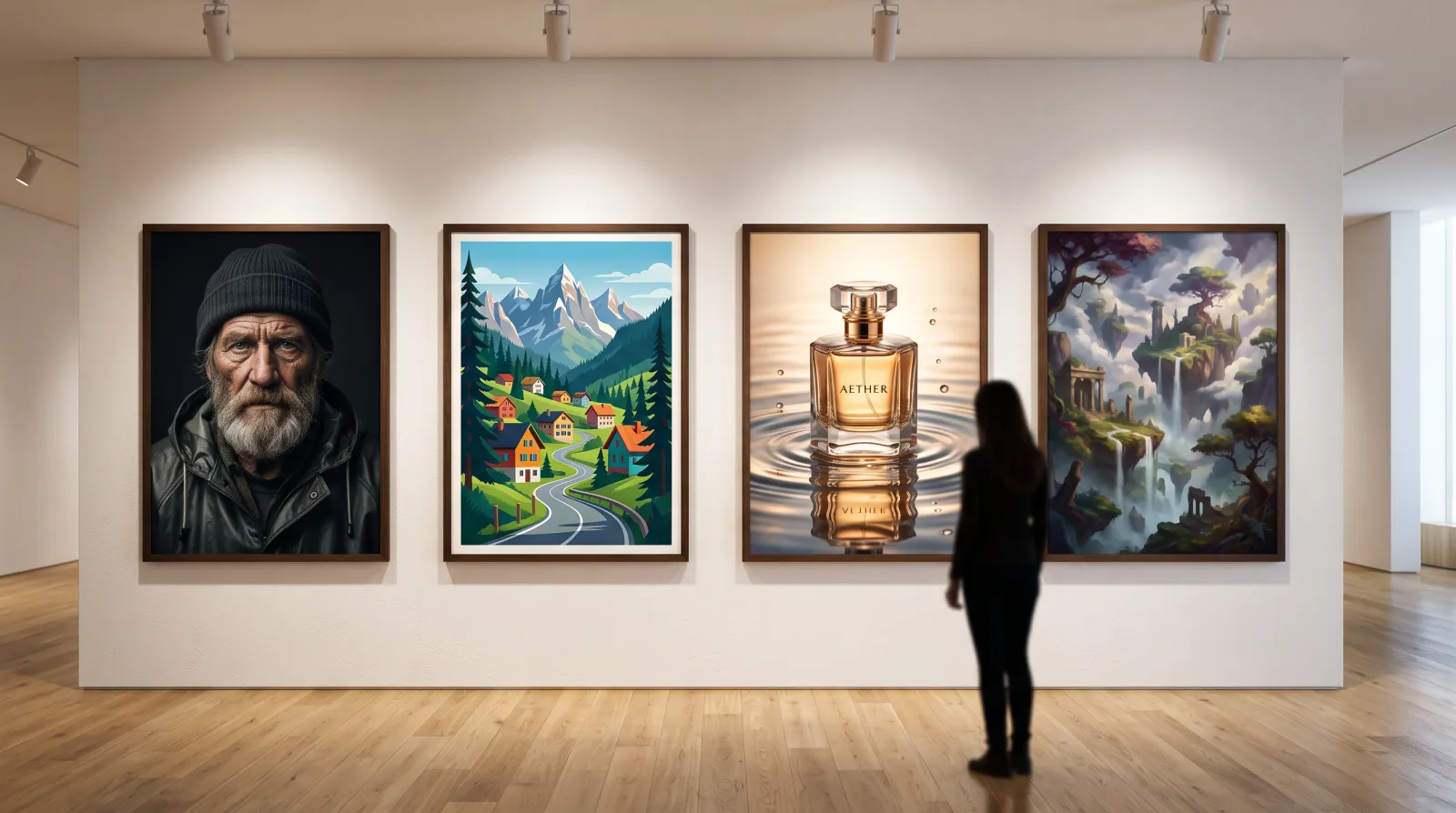 Four framed prints in a gallery: a photographic portrait, a travel poster, a perfume product shot and a fantasy landscape