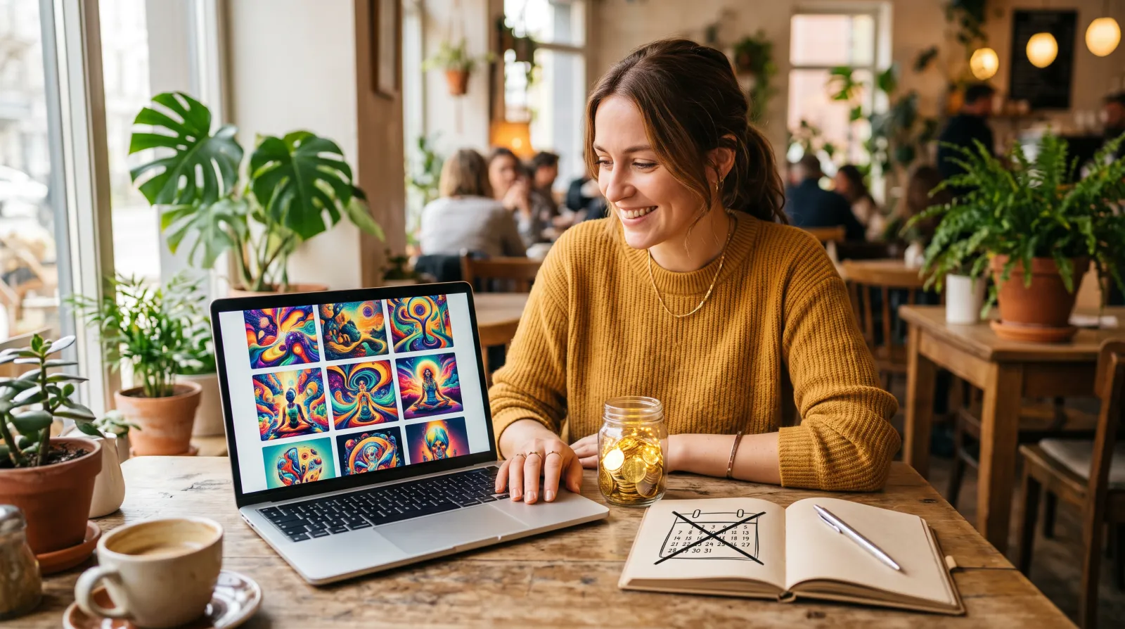 A creator at a café table with a laptop full of AI artworks, a jar of coins and a notebook with a crossed-out calendar