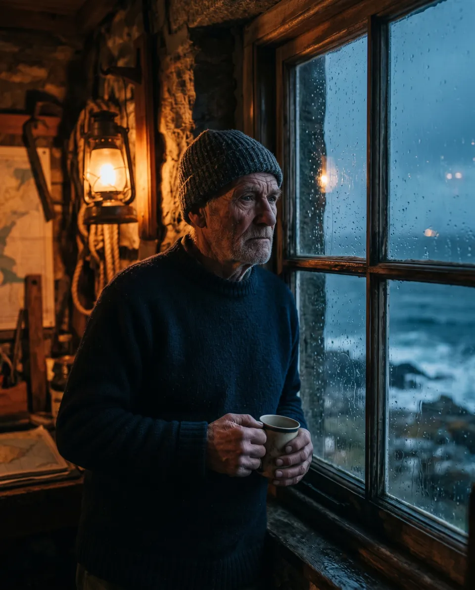 Nano Banana cinematic portrait of a fictional lighthouse keeper at a rainy window at dusk