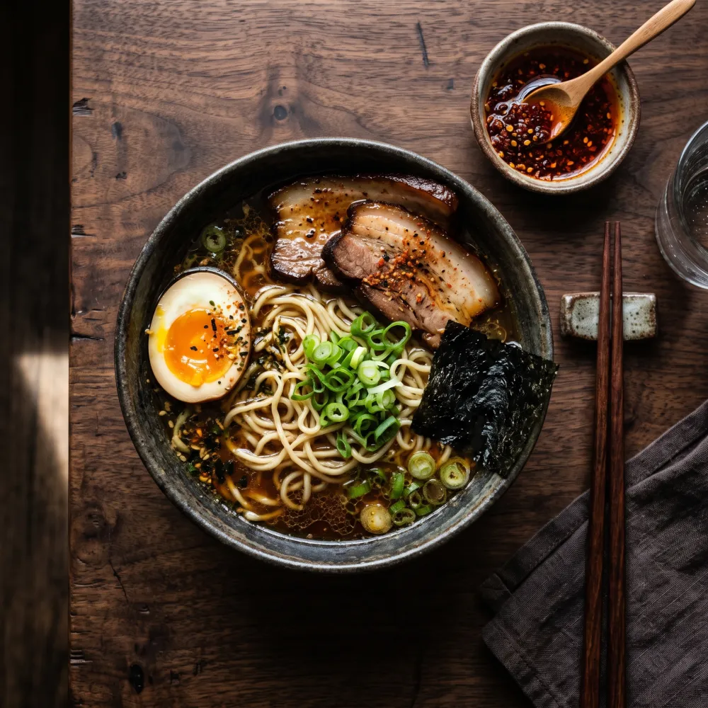 Nano Banana food photography: overhead shot of a bowl of ramen on a dark walnut table