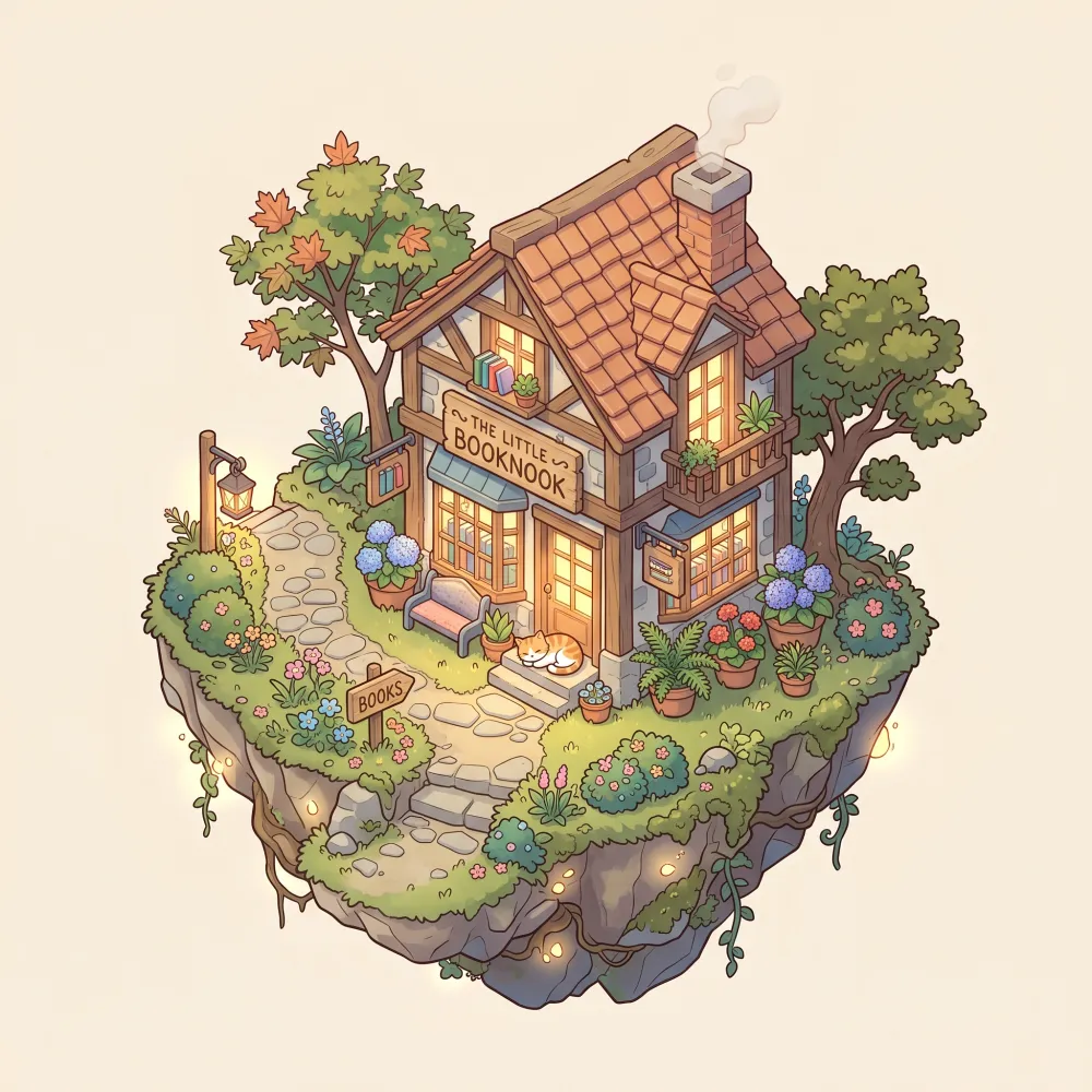 Nano Banana isometric illustration of a cozy bookshop on a floating island with a sleeping cat