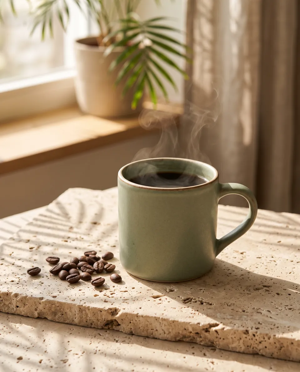 Nano Banana product shot: a sage-green ceramic mug on travertine with palm shadows and coffee beans