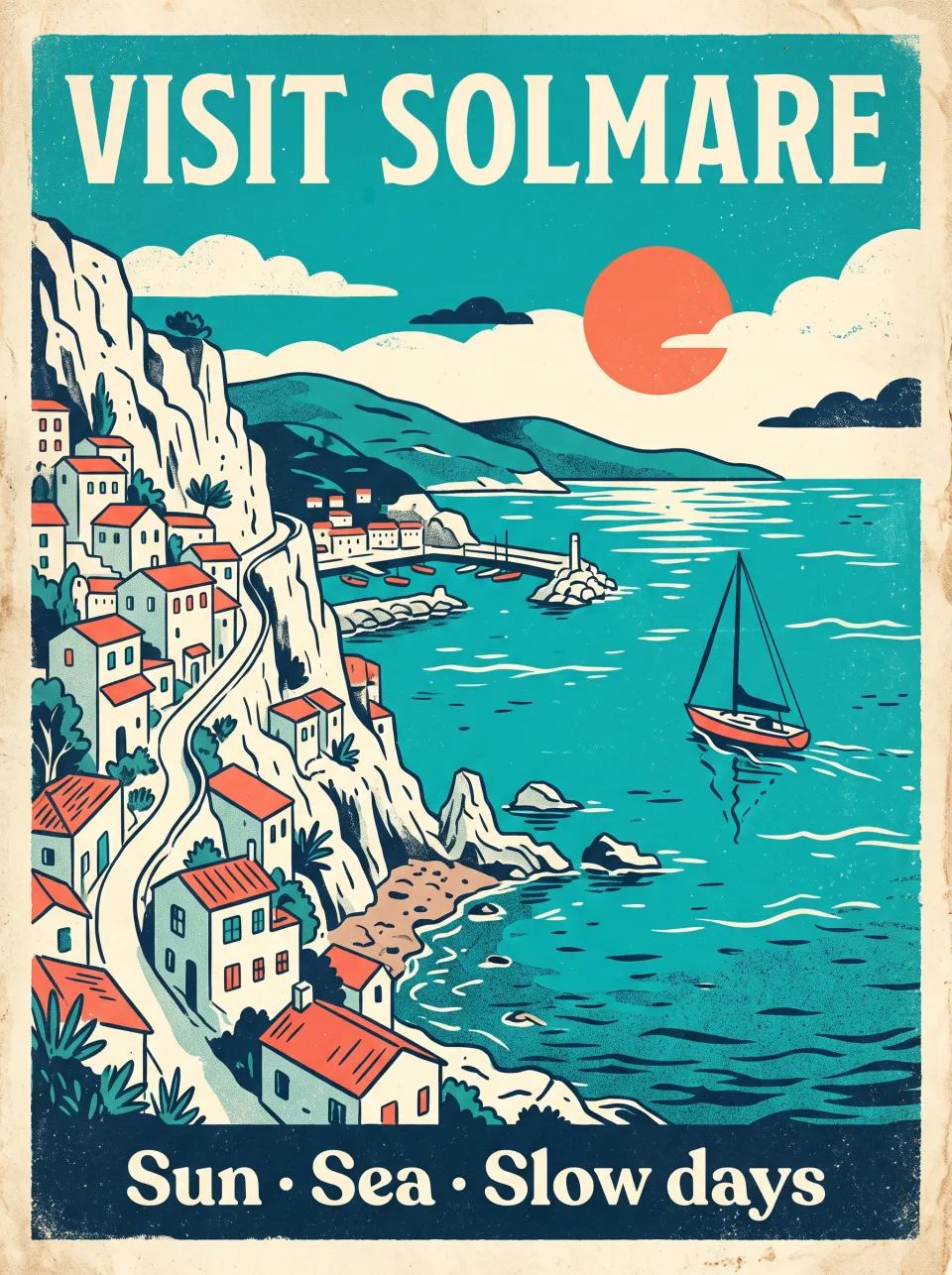 Nano Banana vintage travel poster with the readable headline VISIT SOLMARE