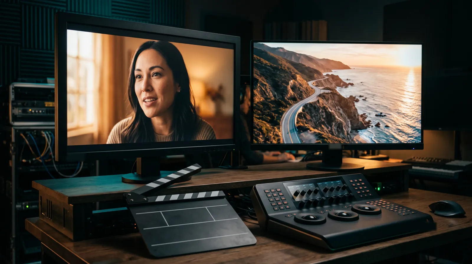 Two editing monitors side by side: a woman speaking in warm window light and an aerial shot of a coastal road at sunset